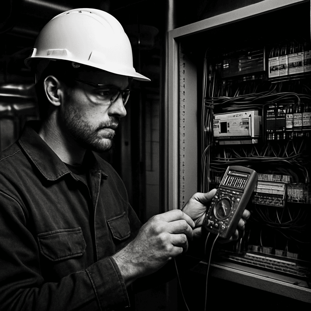 Technician testing points at an open DDC control panel